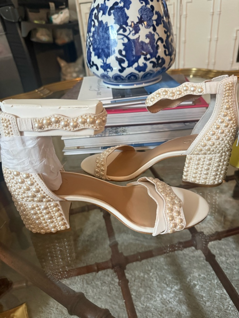 INC International Concepts Pearl-Embellished Cream Block Heel Sandals - Picture 3 of 3